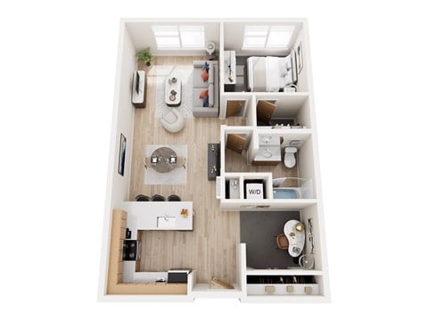 Floor plan for 2 beds, 1 bath, 977 sqft